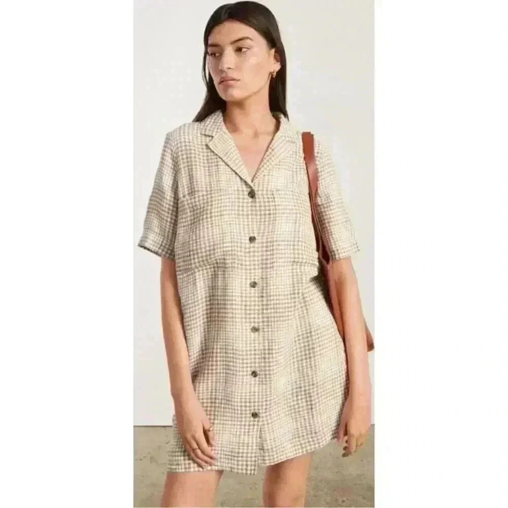 Everlane Women’s Linen Shirt Dress Tan White Check Button Down Pockets Size M